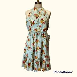 Sunday Mi Amore NWT High Neck Halter Backless Ruffle Ditsy Floral Mini Dress XS
